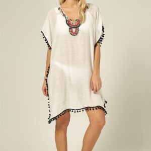 BODRUM HOME BLACK COLLAR ACCESSORY FRINGED PAREO,WHITE