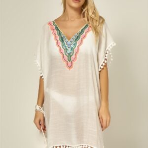 BODRUM HOME COLORFUL COLLAR ACCESSORY FRINGED PAREO,WHITE